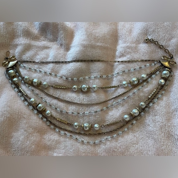 Vintage Coro Multi Strand Antiqued Gold and White Beads Necklace - Picture 2 of 10